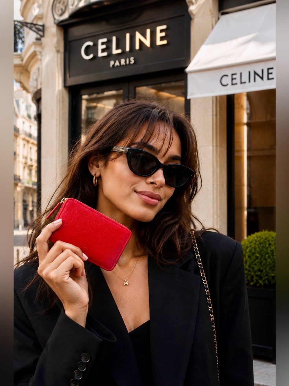 Celine Red Compact Zip Around Wallet with Mirror + COA